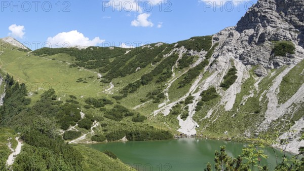 On the Saalfelder Höhenweg in the Tannheimer Tal with a view of the pool in front of the