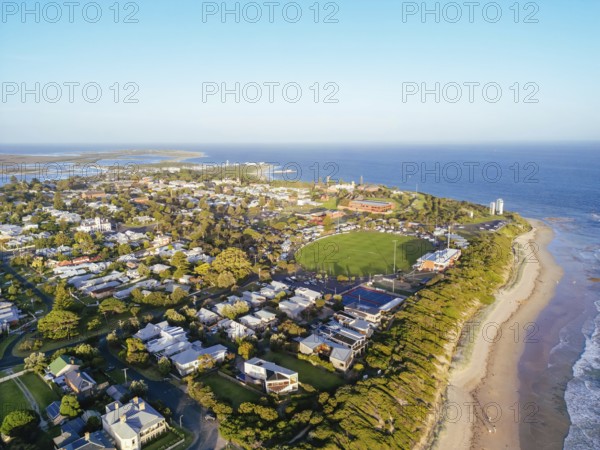 Aerial views of Queenscliff at dusk on a summer's day on the Bellarine Peninsula, Victoria,