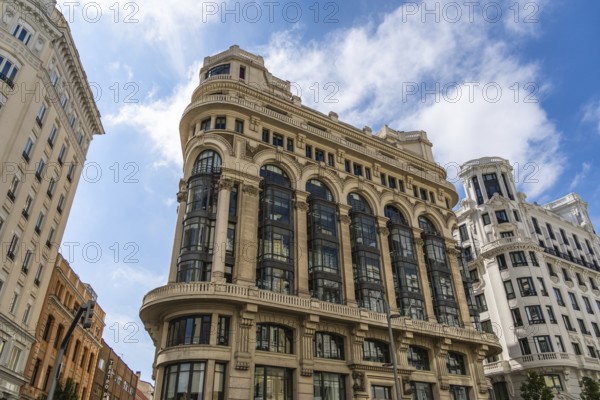 Madrid, Spain, October 10, 2021: Low angle view of the facade of the Matesanz building on Gran Via,