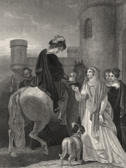 König Edward der Märtyrer erstochen auf Befehl seiner Stiefmutter Elfrida oder Aelfthrith, Corfe
