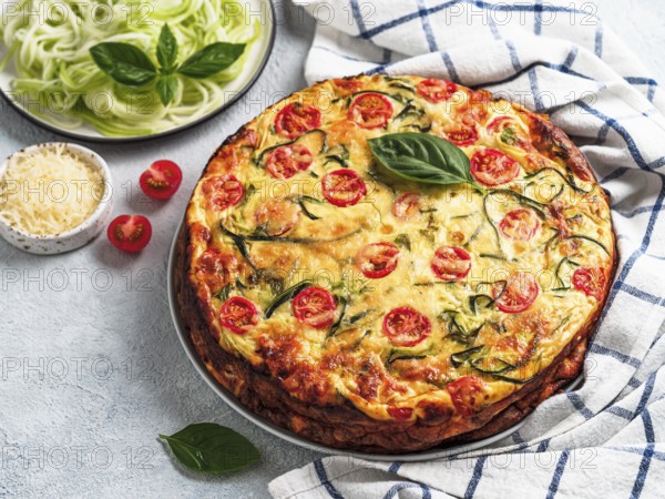 Zucchini pie and ingredients on gray background, copy space left. Delicious savory pie with