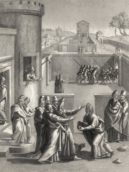 Judas Iscariot before Pontius Pilate, New Testament, steel engraving 1853, digitally restored