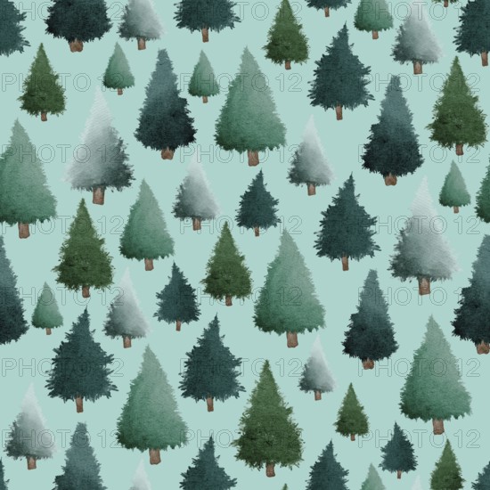 Green Christmas trees watercolour painting seamless pattern design illustration on turquoise