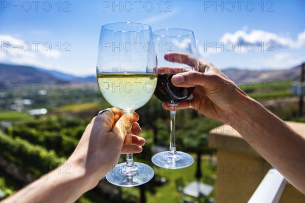 Happy couple hands cheering red and white wine glasses from a winery tasting room terrace against