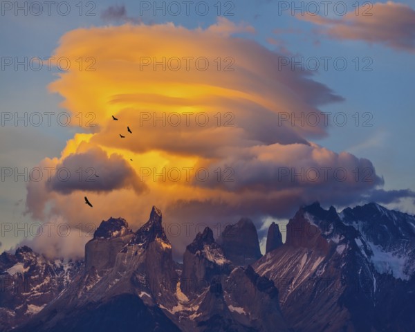 Sunset in the national park Torres del Paine, Chile. Sharp curved peaks Los Quernos. Under the