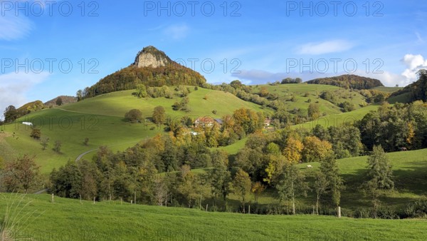 Wisner Flueh in autumn with colourful trees, first Jura chain, Wisen, Solothurn, Switzerland,