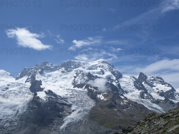 View towards one of the peaks of Switzerland above 4000m: Breithorn close to Zermmat, Valais.