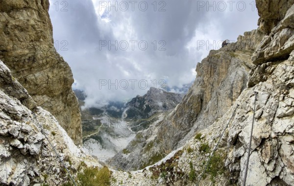 Adventurous hike up to mount Lagazuoi in the Dolomite Alps, autonomous pronvince of South Tirol in