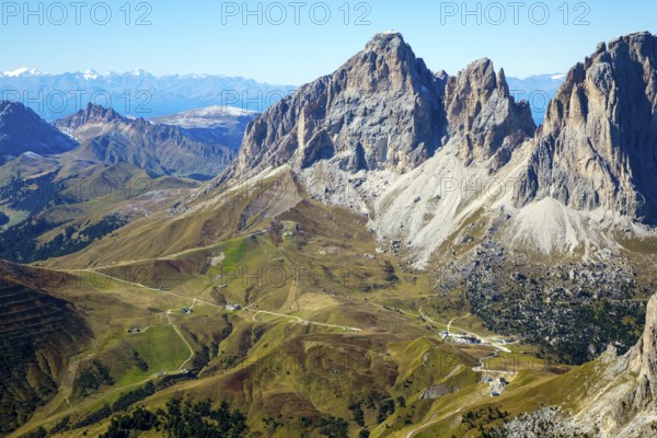 The Dolomites. The Pordoi Pass is part of the Dolomiti Superski ski resort. Alpine road of South