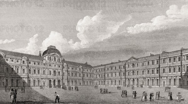 The Louvre Museum, Paris, antique steel engraved print, 1831