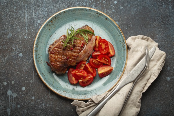 Delicious roasted duck breast fillet with golden crispy skin, with pepper and rosemary, top view on