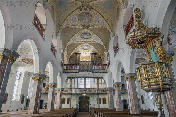 Nave with organ loft and pulpit, former collegiate church of St Peter, a Roman Catholic parish