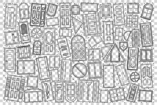Windows and doors doodle set. Collection of and drawn sketches templates patterns of different size