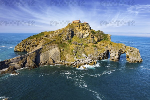 The island Gastelugache connected to the mainland by a bridge and a winding staircase. The Bay of