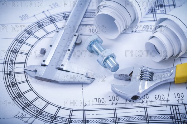 Stainless bolt with nut adjustable spanner trammel caliper construction drawings on blueprint