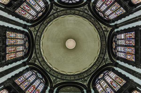 Schaerbeek, Brussels/ Belgium, 08 14 2018: Ceiling and decorated walls of the Saint Mary Royal