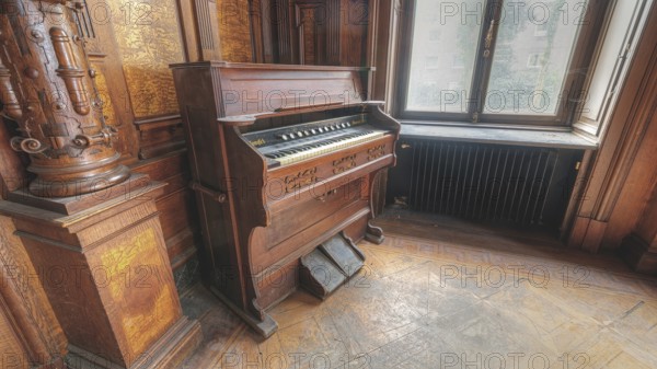 Antique wooden organ in a room with historic architecture and natural light, Villa Woodstock, Lost