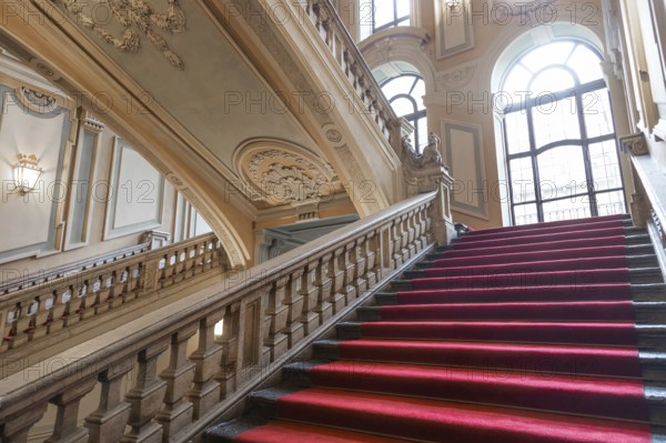 Turin, Italy, January 2023: Palazzo Barolo staircase. Luxury palace with old baroque interior and