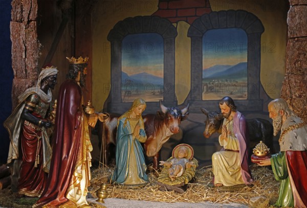 Christmas cot, Holy Family, Three Wise Men, Parish Church of St Peter and Paul, Dieburg, Hesse,