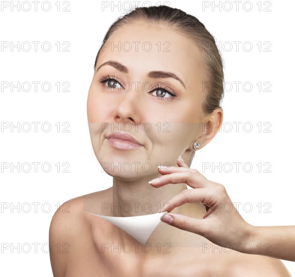 Old and young woman, isolated on white, before and after retouch, beauty treatment, skin care