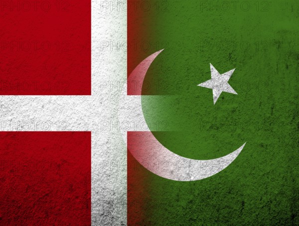 The Kingdom of Denmark National flag with Islamic Republic of Pakistan National flag. Grunge