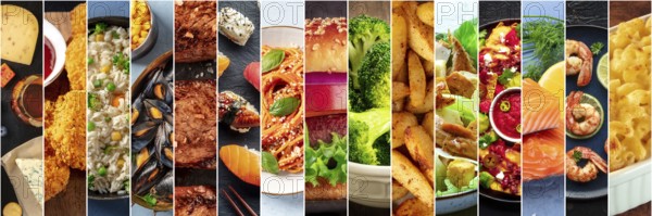 Food collage layout. A variety of dishes, a collection for a restaurant banner. International
