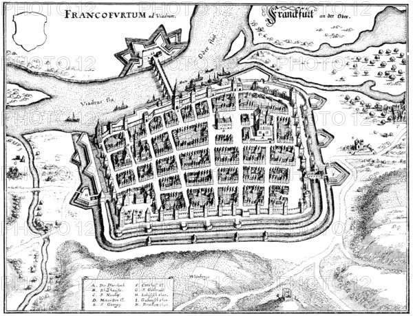 Panoramic view of Frankfurt / Oder, 17th Century, Germany, Europe, Historische Zeichnung,
