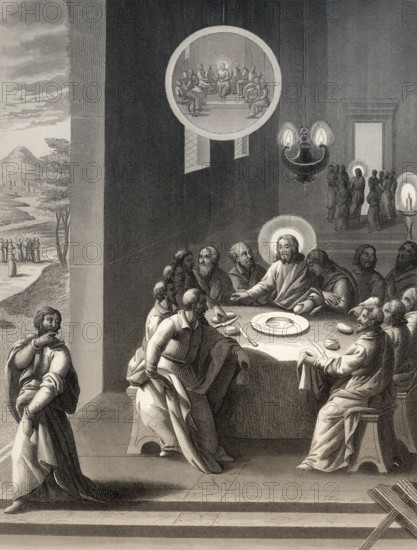 Judas Iscariot retiring from the Last Supper, New Testament, steel engraving 1853, digitally