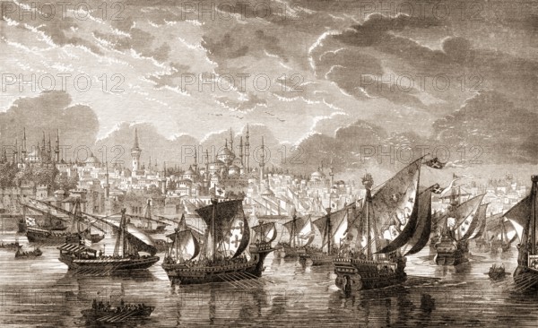 The fleet of the crusaders in front of Constantinople during the Fourth Crusade in 1203, Riva