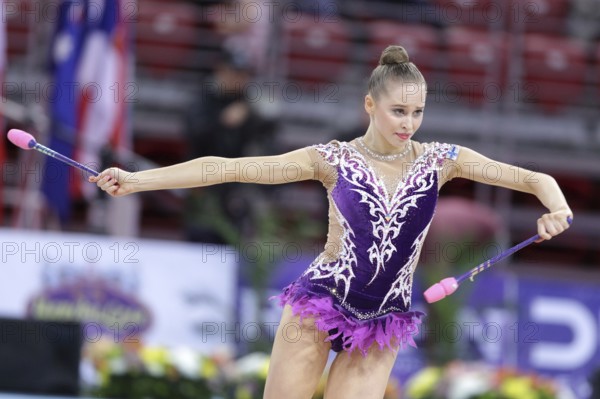Sofia, Bulgaria - 6 May, 2017: Alesia Kolmonen from Finland performs during Rhythmic Gymnastics