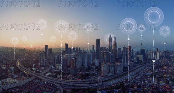 Panorama aerial view in the cityscape skyline with network connection concept, early morning