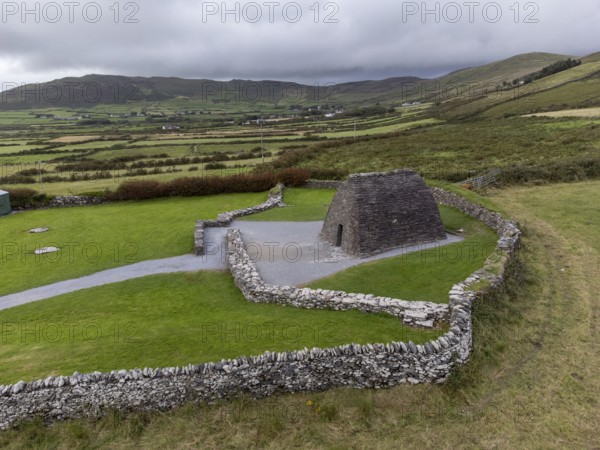 Gallarus Oratory aerial view (Séipéilín Ghallarais), early Christian church, Dingle Peninsula,