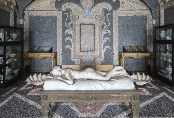 Isola Bella, Italy, 01 August 2023: Sleeping Venus by Giovanni Battista Monti, 1789, white marble,