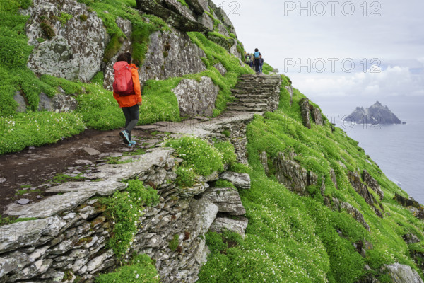 Visitors on the steep path up to the monastery, Skellig Michael island, Mainistir Fhionáin (St.