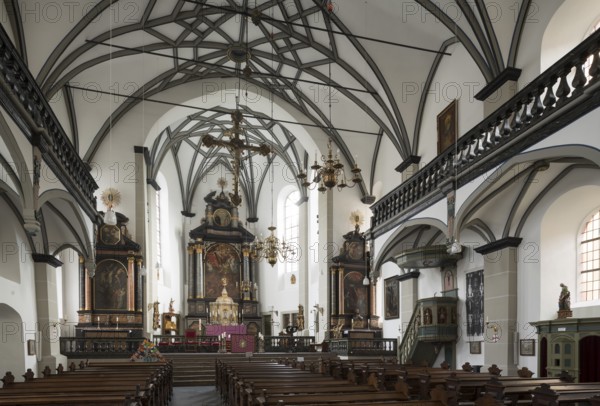 Built 1659-1668 by the lay brothers of the Jesuit order, view southwards to the high altar, gallery