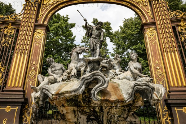 Gates and fountains in Stanislas Place, Nancy, France. One of the ornate gates and fountains in