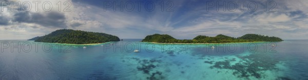 Aerial panorama view of beauty nature landscape with beach, corals and sea on tropical Koh Rok