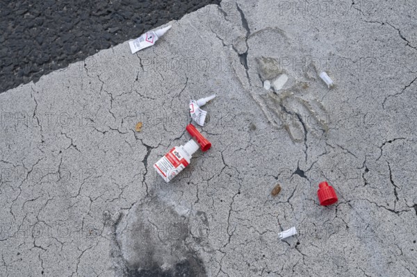 28/04/2023, Berlin, Germany, Europe, Handprints left on the tarmac with superglue after climate