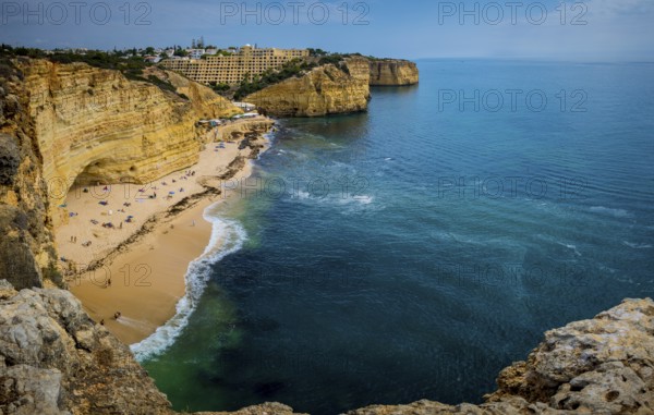 Carvoeiro, Portugal, September 2022: High angle view on Praia do Vale de Centeanes on the coast of