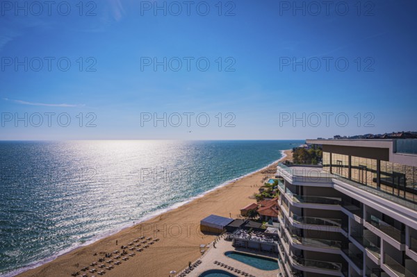 Beach view in sunny weather, the sea stretches to the horizon, Golden Sands, Varna, Bulgaria,