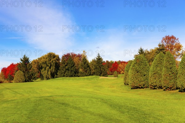 Canada, province of Quebec. The road from Montreal to Bromont. Green lawns, trees with green,