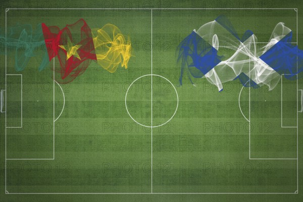 Cameroon vs Scotland Soccer Match, national colors, national flags, soccer field, football game,