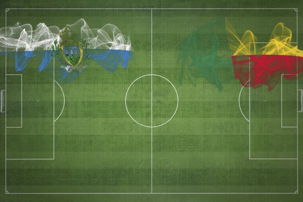 San Marino vs Benin Soccer Match, national colors, national flags, soccer field, football game,