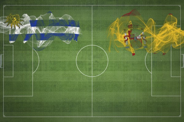 Uruguay vs Spain Soccer Match, national colors, national flags, soccer field, football game,