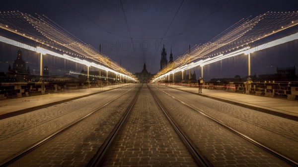 Long exposure at night of a street with fairy lights and street lamps leading to a central point,