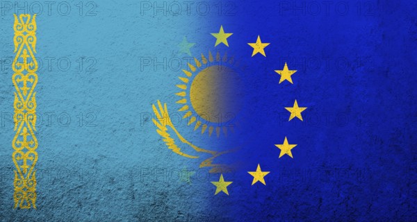 Flag of the European Union with Kazakhstan National flag. Grunge background