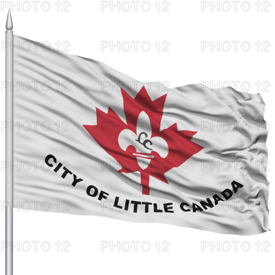 Little Canada City Flag on Flagpole, Minnesota State, Flying in the Wind, Isolated on White