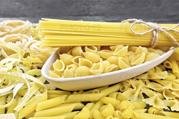 Pasta seashells and spaghetti in a bowl, pipe rigate, tagliatelle, fusilli, penne, farfalle,