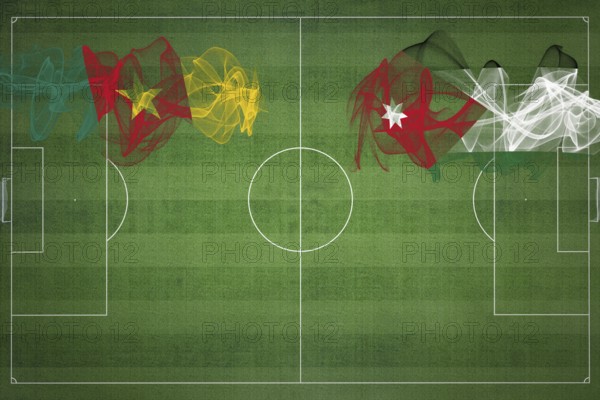Cameroon vs Jordan Soccer Match, national colors, national flags, soccer field, football game,