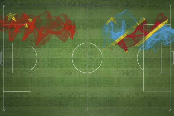 China vs DR Congo Soccer Match, national colors, national flags, soccer field, football game,